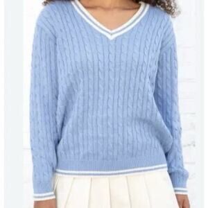 Brandy Melville John Galt Sweater Sz OSFM Blue White Morgan V Neck Cable Knit